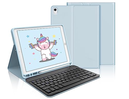 Tastatur Hülle für iPad Air 2019(3. Gen)，iPad 9.Gen,8.Gen, 7.Gen 2021/2020/2019 (10.2), iPad Pro 10,5 2017,Drahtlose Bluetooth -Verbindung QWERTZ iPad Tastatur mit SchutzHülle/Pencil Halter,Hellblau von IVEOPPE