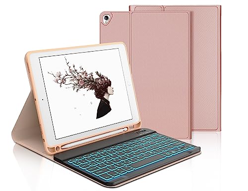 iPad Tastatur mit Hülle für 9./8./7. Generation, 10.2" iPad Air 3 und Pro 10.5 - 7-Farbige Beleuchtung, Magnetisch Abnehmbar, QWERTZ, Sakura Rosa von IVEOPPE