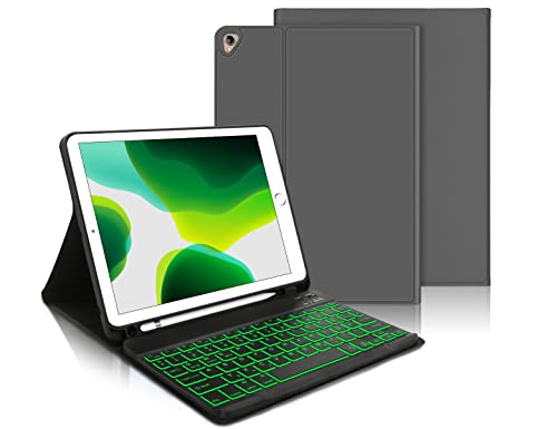 IVEOPPE Tastatur 9. Generation, 10.2" Tastatur mit Hülle (9./8./7. Generation), Magnetisch Abnehmbarer 7-Farbige Beleuchtung mit QWERTZ für Air 3 und Pro 10.5, Greu von IVEOPPE