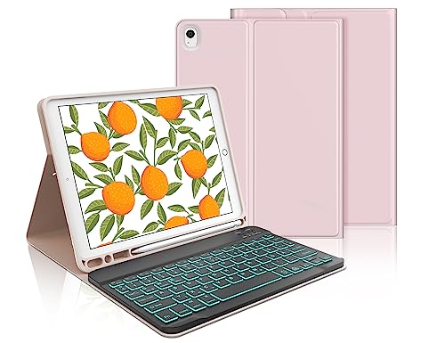 iPad Tastatur Mit Hülle (9./8./7. Generation), Magnetisch Abnehmbarer 7-Farbige Beleuchtung QWERTZ für iPad 10.2", Air 3 und Pro 10.5, Sakura-Rosa von IVEOPPE