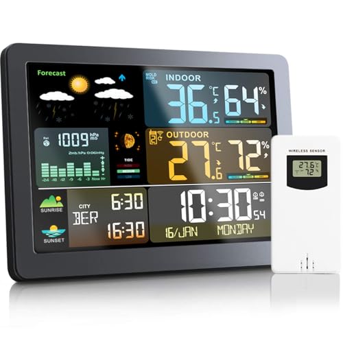 Wetterstation Funk mit Außensensor - Funkwetterstationen, DCF Funkuhr, Großes Farbdisplay, Wettervorhersage, Temperatur, Luftfeuchtigkeit, Luftdruck, Wecker mit Schlummerfunktion, für Innen und Außen Wetterstation Funk mit Außensensor - Funkwetterstationen, DCF Funkuhr, Großes Farbdisplay, Wettervorhersage, Temperatur, Luftfeuchtigkeit, Luftdruck, Wecker mit Schlummerfunktion, für Innen und Außen von IVEOPPE