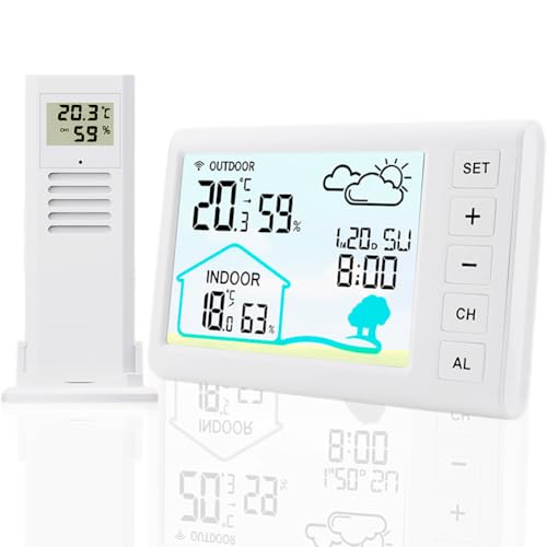 Wetterstation Funk mit Außensensor Funkwetterstationen - Digital Funkuhr Thermometer Innen und Außen, Raumthermometer, Hygrometer, Wettervorhersage, Uhrzeitanzeige, Wecker von IVEOPPE