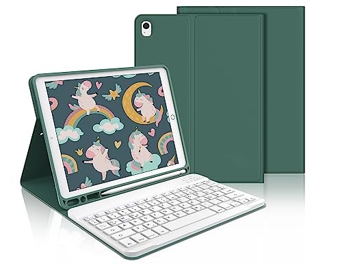 iPad 9 Generation Hülle mit Tastatur,iPad 10.2 Hülle mit Tastatur, iPad Pro 10 5 Zoll Tastatur a1709, Bluetooth QWERTZ iPad 9.Gen/8.Gen/7.Gen/ Air 3 2019 Weiss Tastatur mit Schutzhülle，Dunkelgrün von IVEOPPE