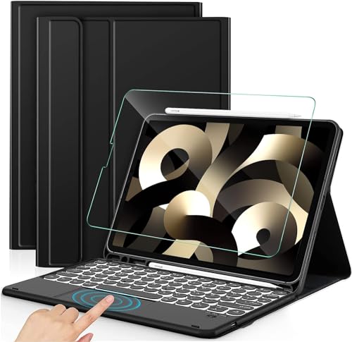 IVSOTEC Tastatur für iPad Air 4, Kabellose Beleuchtete Bluetooth QWERTZ iPad Air 4. Generation 10.9" 2020 Tastatur, Panzerglas+Hülle mit Tastatur für iPad Air 4th Gen.10.9 Zoll 2020, Schwarz von IVSOTEC