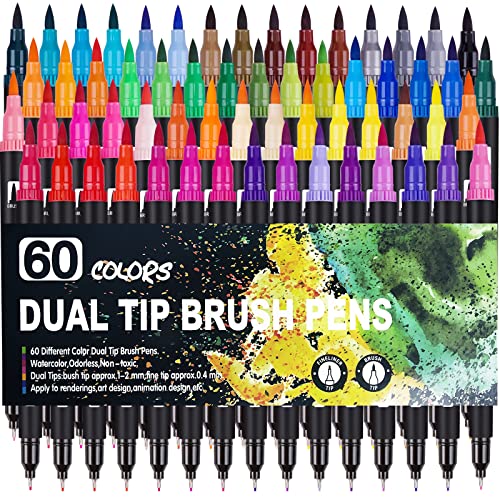 IVSUN Dual Brush Pen Set, Filzstifte 60 Farben Fineliner Pinselstifte für Bullet Journal, Handlettering, Malbücher, Tinte auf Wasserbasis Doppelfasermaler Stifte für Kalligraphie Manga von IVSUN