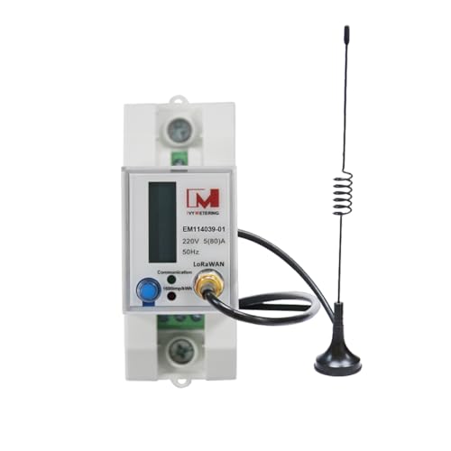 Ivy EM114039-01 LoRaWAN Energiemonitor einphasig RS485 RTU 5 (80 A) kWh DIN-Schienen-Smartmeter mit Pulsmesser & LCD-Display mit MID-Zertifizierung (mit Saugnapfantenne) von IVY METERING