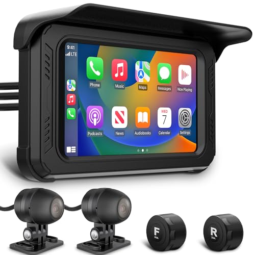 IXROAD Wireless CarPlay Android Auto Display, Dashcam Motorrad mit 1080P Kamera Vorne und Hinten, Navigationsgeräte, Reifendruckkontrollsystem, GPS Logger, Touchscreen von IXROAD
