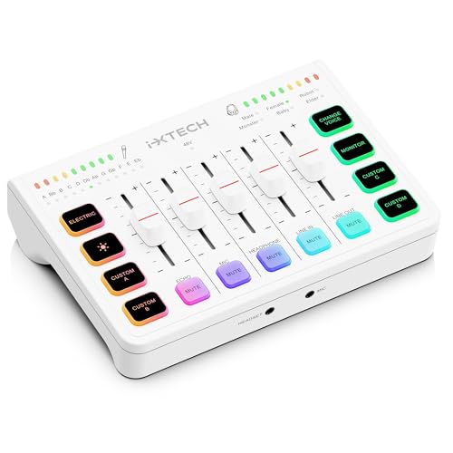 IXTECH Gaming Audio Mixer 4 Channel Soundboard, Streaming RGB PC Audio Interface with XLR Microphone Support, Audio Equalizer for Gaming Podcast Streaming Karaoke, Individual Volume Controls (White) von IXTECH