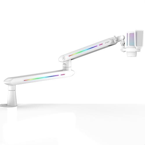 IXTECH RGB Low Profile Galgenarm für Mikrofon, verstellbarer Mikrofonarmständer mit Tischhalterungsklemme, drehbarer Mikrofonarm Mikrofonständer mit Kabelmanagement für Podcast-Streaming, von IXTECH