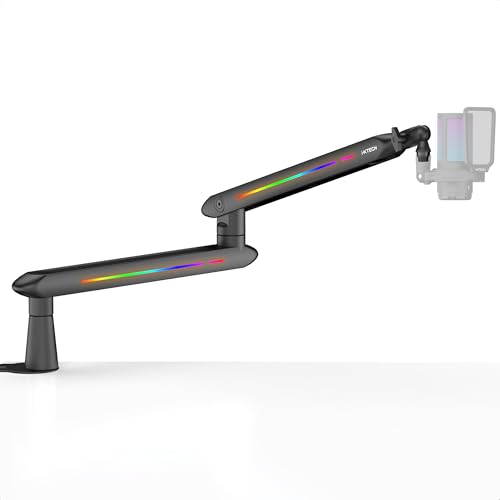 IXTECH RGB Low Profile Galgenarm für Mikrofon, verstellbarer Mikrofonarmständer mit Tischhalterungsklemme, drehbarer Mikrofonarm Mikrofonständer mit Kabelmanagement für Podcast-Streaming, von IXTECH