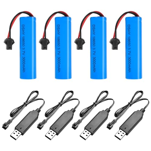 IXYHKB 4 Stück 18650 3.7V RC Akku, Wiederaufladbare 3000mAh 3.7V Li-Ion Battery mit 4 USB Chargers SM-2P Plug, Wiederaufladbare RC Akku, 3.7v Li-ion Akku für RC Fahrzeuge, Boote, Panzer, Roboter von IXYHKB