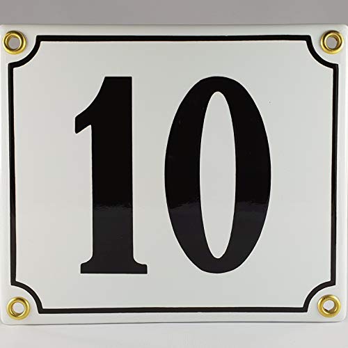 Hausnummer Emaille Schild Nr. 10 Weiß-Schwarz "Handarbeit" mit Schrauben und Dübel zur Montage von IYVYI