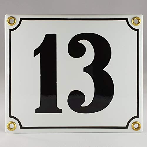 Hausnummer Emaille Schild Nr. 13 Weiß-Schwarz "Handarbeit" mit Schrauben und Dübel zur Montage von IYVYI