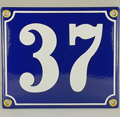 Hausnummer Emaille Schild Nr. 37 Blau-Weiß "Handarbeit" mit Schrauben und Dübel zur Montage von IYVYI