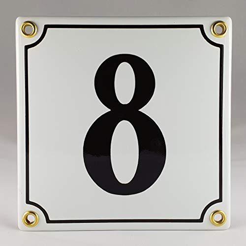 Hausnummer Emaille Schild Nr. 8 Weiß-Schwarz "Handarbeit" mit Schrauben und Dübel zur Montage von IYVYI