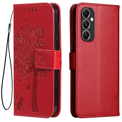 Topme Leder Tasche Hülle für Samsung Galaxy A05s (6.7" Inches), [Katzen- Und Baummuster-Stil Handytasche] - Rot von IYVYI
