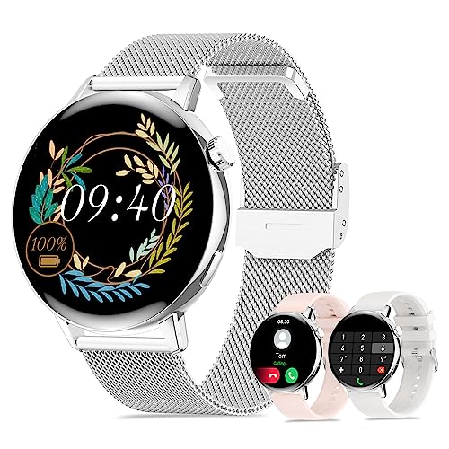 Iaret Smartwatch Damen Runden mit Telefonfunktion,1,32 Zoll HD Touchscreen Fitnessuhr mit Touchscreen Schlafmonitor Pulsmesser Schrittzähler, 20+ Sportmodi, Wasserdicht Sportuhr für Android iOS,Silber von Iaret