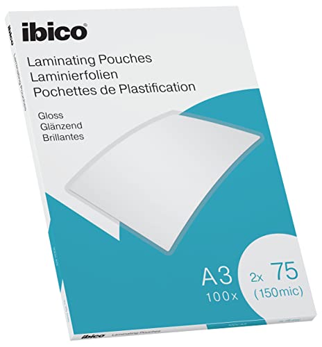 Ibico Laminierfolien A3 75 mic, 100 Stück, glänzende Heißlaminierfolien, abgerundete Ecken, dünn und transparent, ideal für Zeichnungen und Plakate, 627319 von Ibico