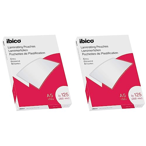 Ibico Laminierfolien A5 125 mic, 100 Stück, glänzende Heißlaminierfolien, abgerundete Ecken, ideal für Büro oder Schule, transparent, 627315 (Packung mit 2) von Ibico