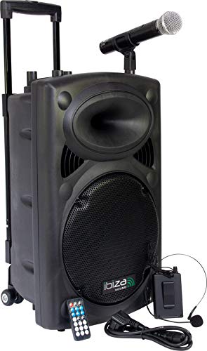 IBIZA PORT12UHF-BT MOBILE BESCHALLUNGSANLAGE 12" inkl. Mikrofon und Headset PA DJ-Anlage PA-Box Bluetooth Lautsprecher mit Fernebdienung (700W, Akku-Betrieb,USB/SD, Radio) von Ibiza