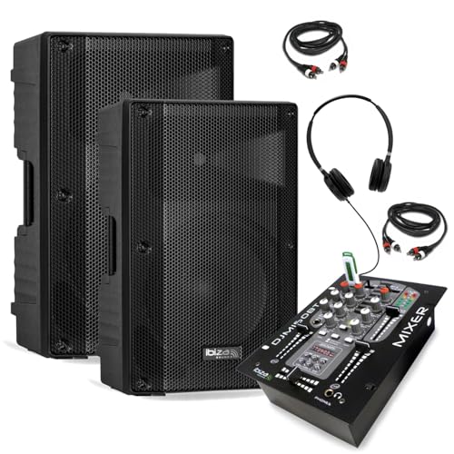 Ibiza - 2 Lautsprecher Ibiza XTK12A-MKII 12 Zoll 500 W – Mischpult Bluetooth DJM150USB-BT USB – Kopfhörer – Kabel – DJ-Abend Mobile von Ibiza