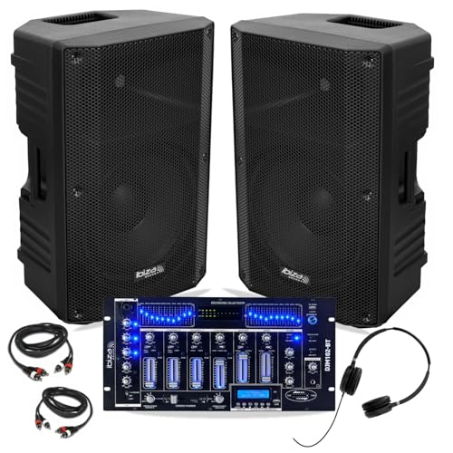 Ibiza - 2 x Ibiza XTK12A-MKII Lautsprecher 12 Zoll 500 W – Mischpult Bluetooth DJM102-BT USB – Kopfhörer – Kabel – DJ Abend Party Hochzeit von Ibiza