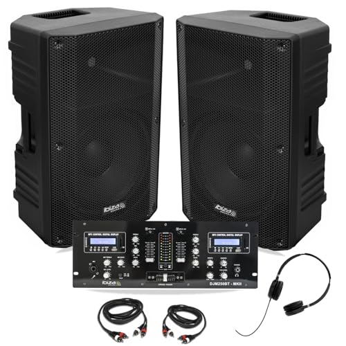 Ibiza - 2 x Ibiza XTK12A-MKII Lautsprecher 12 Zoll 500 W – Mischpult Bluetooth DJM250BT-MKII USB – Kopfhörer – Kabel – DJ Abend Party von Ibiza