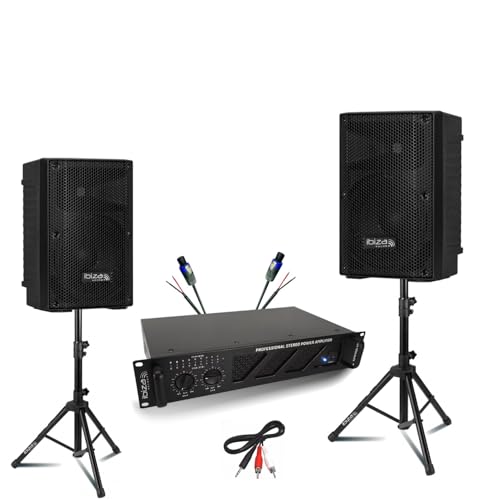 Ibiza - 2 x Lautsprecher Ibiza XTK10-MKII 10 Zoll 300 W – Verstärker 2 x 240 W AMP300-MKII – Standfüße – Kabel Speakon – Abend Party DJ Club von Ibiza