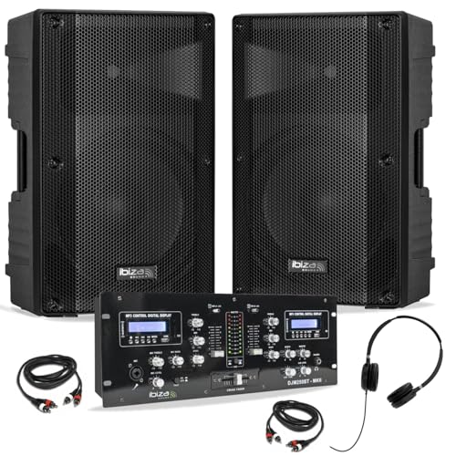 Ibiza - DJ Ibiza 2 Aktiv-Lautsprecher XTK15A-MKII 15 Zoll 600 W – Mischpult Bluetooth DJM250BT-MKII USB – Kopfhörer – Kabel – Abend von Ibiza