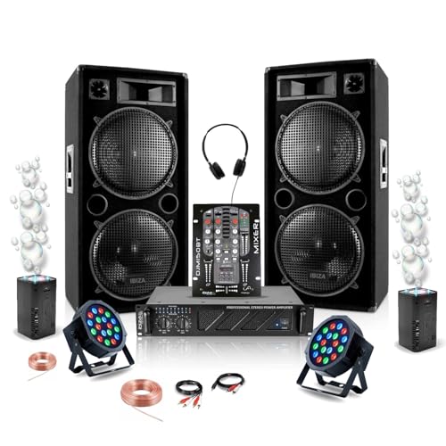 Ibiza - DJ-Pack Sono 2 Lautsprecher 2 x 1500 W Ibiza STAR212 – Verstärker AMP1000-MKII 2 x 800 W – Mischpult – 2 LEDs RGB – 2 Seifenblasenmaschine von Ibiza