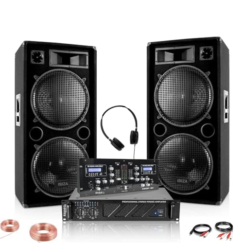 Ibiza - DJ-Sound-Set 2 Lautsprecher Ibiza STAR212 2 x 1500 W – Verstärker 2 x 800 W AMP1000-MKII – Mischpult DJM250BT-MKII – Pro-Abend Party Hochzeit von Ibiza