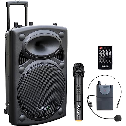 Ibiza - PORT15UHF-BT - Tragbares Lautsprechersystem 15"/800W MAX mit 2 Mikrofonen (UHF), Fernbedienung und Schutztasche - Bluetooth, USB, SD & TWS - 6 bis 8 Std. Betriebsdauer von Ibiza