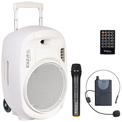PORT12UHF-WH-MKII - IBIZA - Tragbarer Lautsprecher 12"/700W MAX mit 2 Mikrofonen (UHF), Fernbedienung und Schutzhülle - Bluetooth, USB, SD - 5 Std. Batterielebensdauer - Weiß von Ibiza