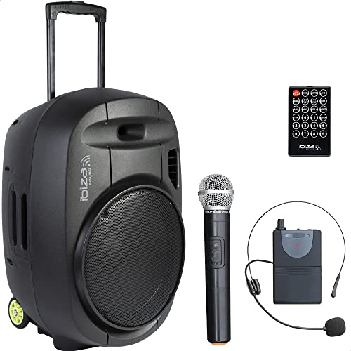 PORT15VHF-MKII - IBIZA - Tragbarer Lautsprecher 15"/800W MAX mit 2 Mikrofonen (VHF), Fernbedienung und Zubehörtasche - Bluetooth, USB, SD - 5-7 Std. Wiedergabezeit von Ibiza