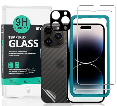 Ibywind schutzfolie Kompatibel mit iPhone 15 Pro Max 5G, mit 2 Stück gehärtetem Glas-9H Härte, 1 Stück Metall Kamera Schutzfolie,1 Stück Carbon Fiber Folie für die Rückseite von Ibywind