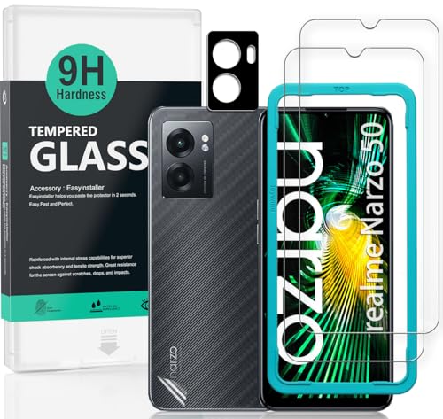 Ibywind schutzfolie kompatibel mit Realme Narzo 50 5G(6,6 Zoll), mit 2 Stück gehärtetem Glas-9H Härte, 1 Stück Metall Kamera Schutzfolie,1 Stück Carbon Fiber Folie für die Rückseite von Ibywind