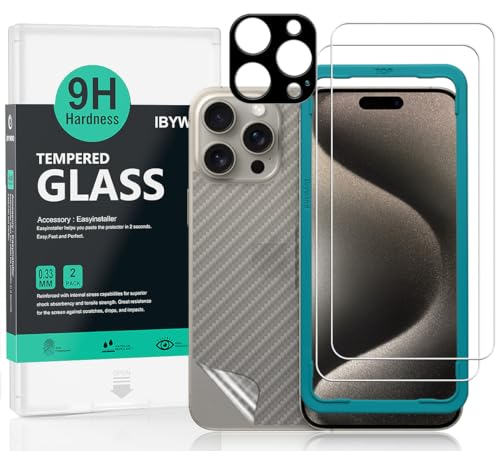 Ibywind schutzfolie kompatibel mit iPhone 15 Pro 5G, mit 2 Stück gehärtetem Glas-9H Härte, 1 Stück Metall Kamera Schutzfolie,1 Stück Carbon Fiber Folie für die Rückseite von Ibywind