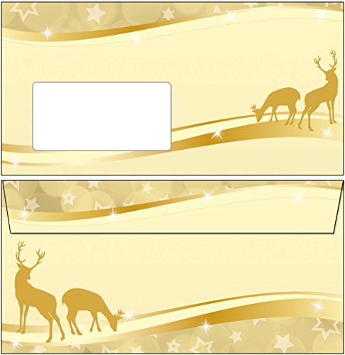 Briefumschläge Weihnachten - Rehe gold 50 Kuverts DIN lang mit Fenster 61157 von Ideenstadl
