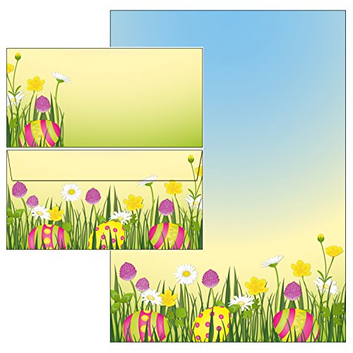 Ostern - Ostereier in bunter Blumenwiese - Set - Briefpapier + Briefumschläge DIN lang ohne Fenster (25 Blatt Briefpapier + 20 Kuverts mit Mappe) von Ideenstadl