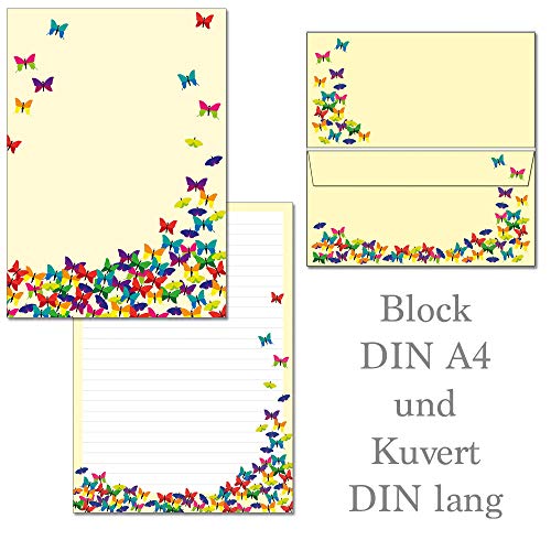 Schmetterlinge - 1 Schreibblock Briefblock DIN A4 + 15 Briefumschläge DIN lang Block-Set-SchmF von Ideenstadl