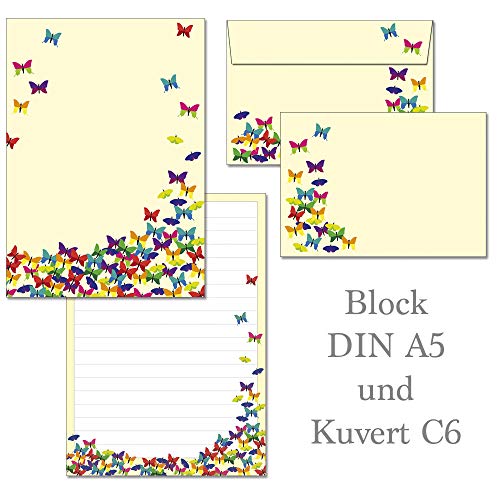 Schreibblock bunte Schmetterlinge 50 Blatt Format DIN A5 mit Deckblatt + 15 Stück Briefumschläge C6. von Ideenstadl