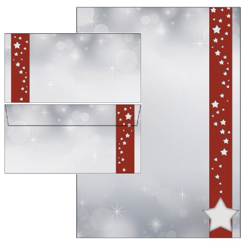 Weihnachten Sterne im roten Banner Set 40-teilig 20 Blatt Briefpapier + 20 Stück Briefumschläge DIN lang ohne Fenster 5521+6521 von Ideenstadl
