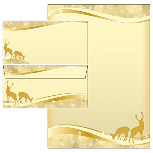 weihnachtliche Rehe gold Set 200-teilig 100 Blatt Briefpapier + 100 Stück Briefumschläge DIN lang ohne Fenster 51153+61153 von Ideenstadl