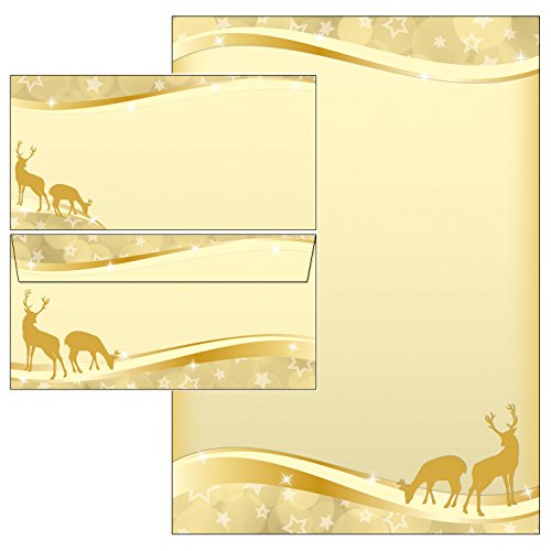 weihnachtliche Rehe gold Set Briefpapier + Briefumschläge DIN lang ohne Fenster 51151+61151 von Ideenstadl