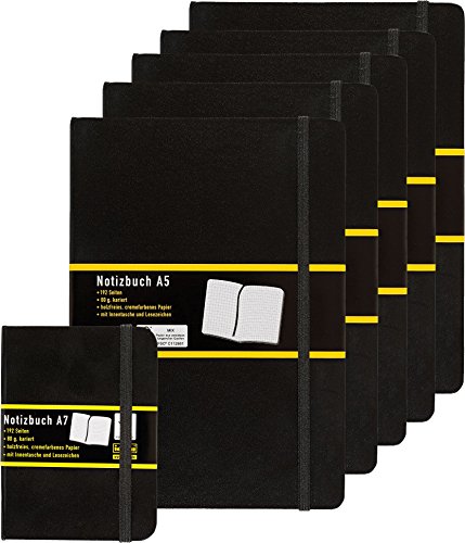 5er Pack Idena 209281 - Notizbuch DIN A5, 192 Seiten, 80 g/m², kariert, schwarz Bonus Bundle inkl. 1x Notizbuch A7 kariert von Idena