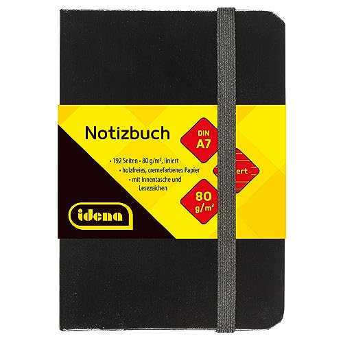 Idena 10033 - Notizbuch DIN A7, liniert, Papier cremefarben, 192 Seiten, 80 g/m², Hardcover in Schwarz, 1 Stück von Idena