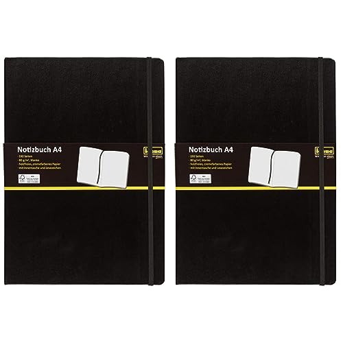 Idena 10053 - Notizbuch DIN A4, blanko, Papier cremefarben, 192 Seiten, 80 g/m², Hardcover in Schwarz, 1 Stück (Packung mit 2) von Idena