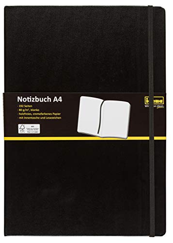 Idena 10053 - Notizbuch DIN A4, blanko, Papier cremefarben, 192 Seiten, 80 g/m², Hardcover in Schwarz, 1 Stück von Idena