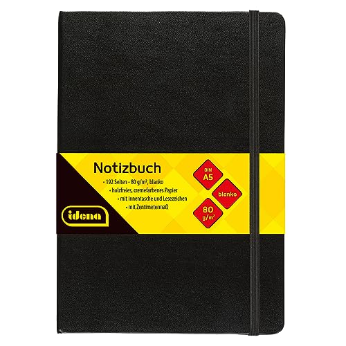 Idena 10054 - Notizbuch DIN A5, blanko, Papier cremefarben, 192 Seiten, 80 g/m², Hardcover in Schwarz, 1 Stück von Idena
