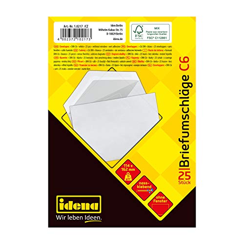 Idena 10217 - Briefumschläge DIN C6, 75 g/m², nassklebend, ohne Fenster, weiß, 25 Stück von Idena